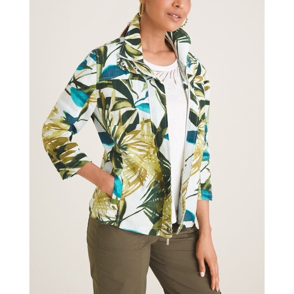 Chico's Tropical Linen Jacket Size 1 | Lightweight Zip Up Resort Travel Layer